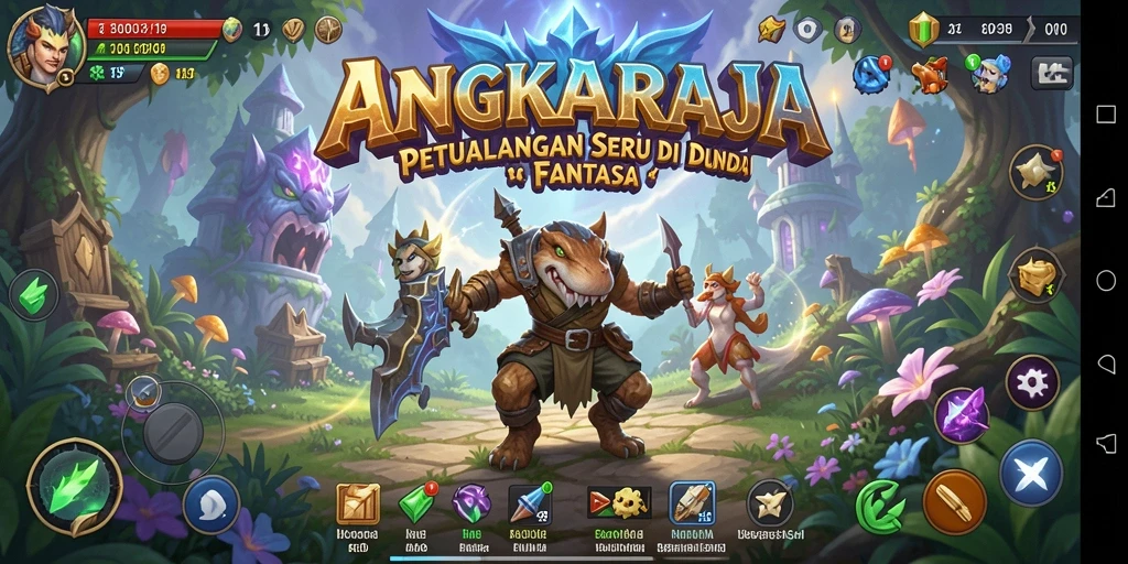 Screenshot utama ANGKARAJA menampilkan pertempuran epik di dunia fantasi.