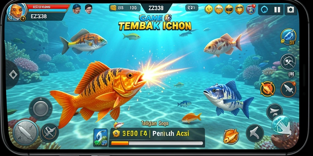 Screenshot utama EZ338 menampilkan aksi seru menembak ikan di laut.