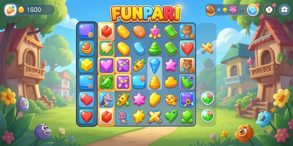 Tampilan gameplay <strong>FUNPARI</strong> yang ceria dan penuh warna dalam genre Match-3.