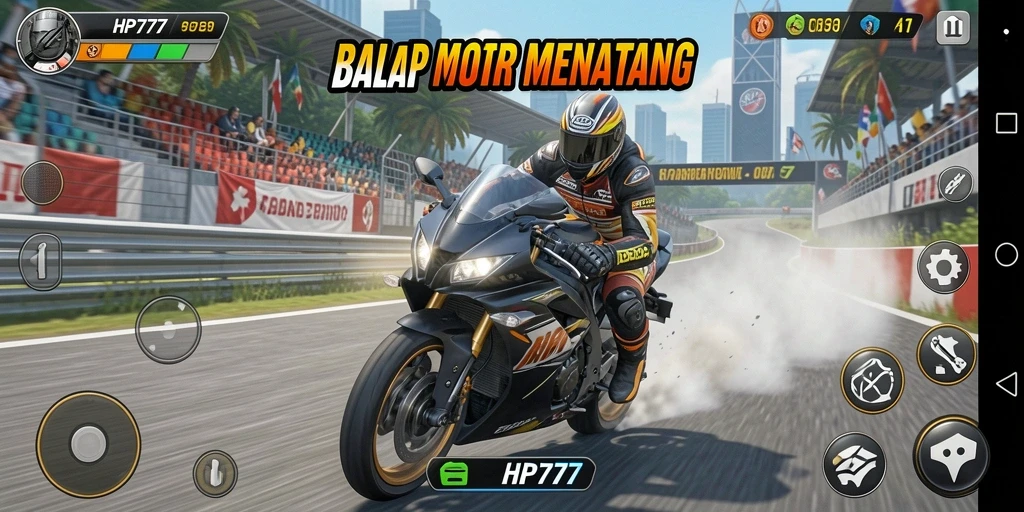 Gameplay HP777 menampilkan balapan motor yang seru dan penuh aksi.