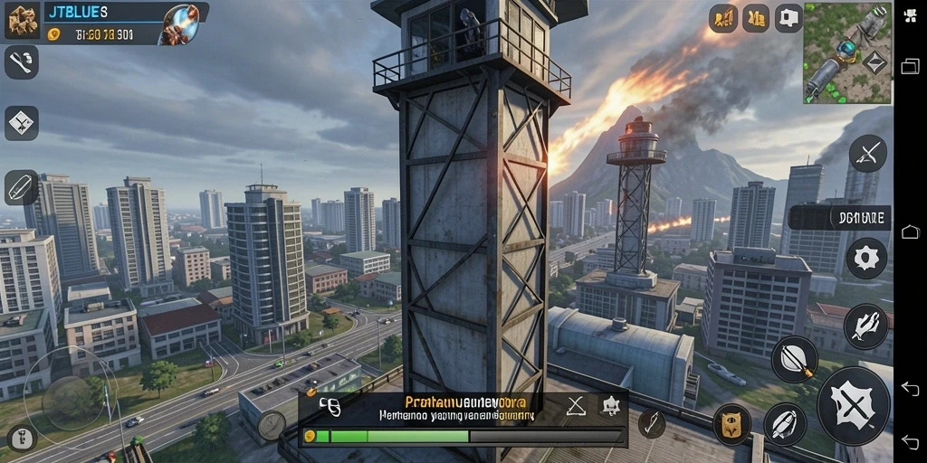 Tampilan gameplay JTBLUE dengan menara dan serangan musuh yang menegangkan.