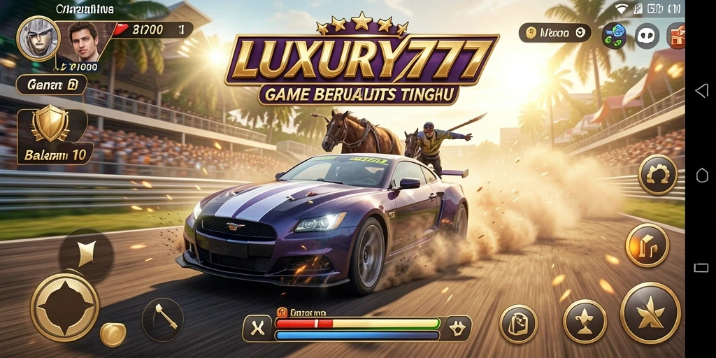 Screenshot gameplay LUXURY777 menampilkan mobil balap di trek yang menantang.