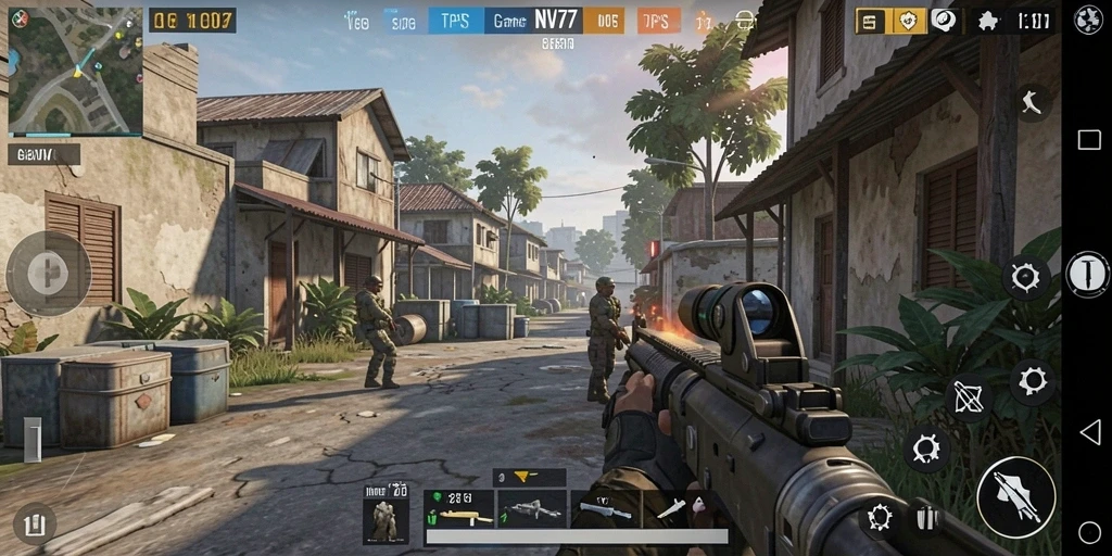 Tampilan gameplay seru dalam NV77 dengan aksi TPS yang mendebarkan.
