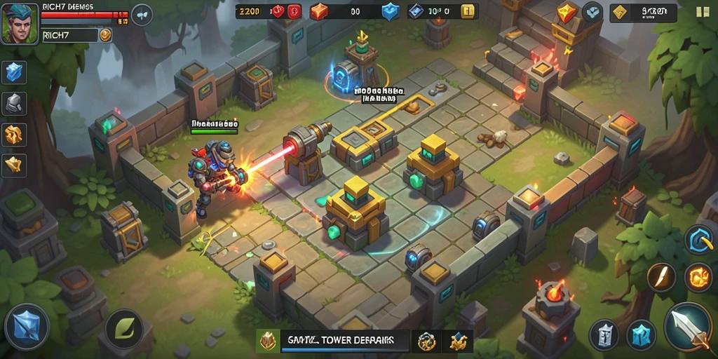 Tampilan utama gameplay RICH7 menunjukkan peperangan menara yang seru.