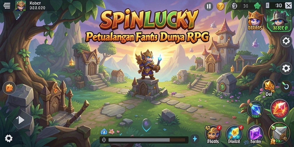 Tangkapan layar gameplay SPINLUCKY menampilkan aksi seru pertempuran RPG.